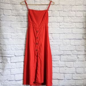Farm Rio Midi Dress XS Coral Red Linen Blend Open Tie Back Summer Boho